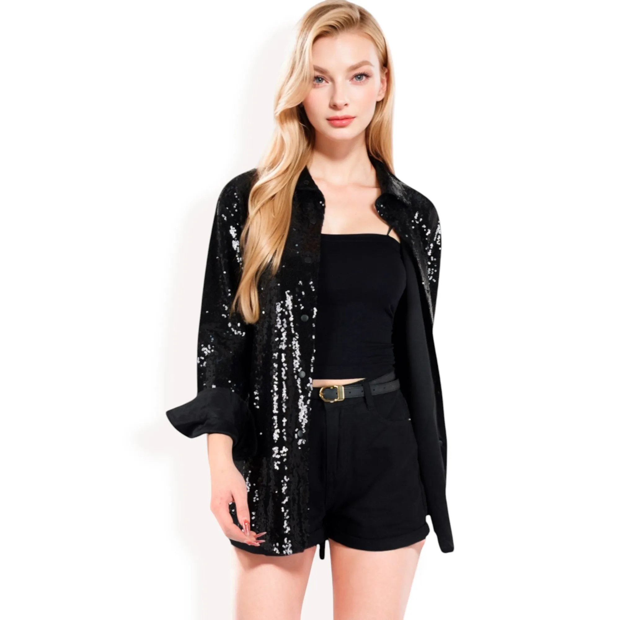 Anna-Kaci Women's Sequin Button-Down Shirt Dress with Long Sleeves