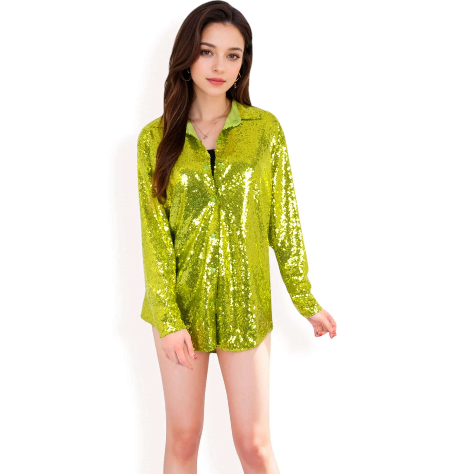 Anna-Kaci Women's Sequin Button-Down Shirt Dress with Long Sleeves