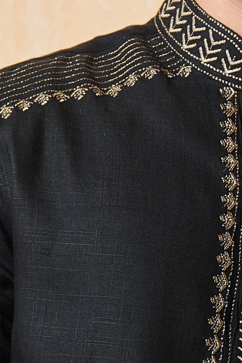 Black Linen Kurta Set With Embroidery Details