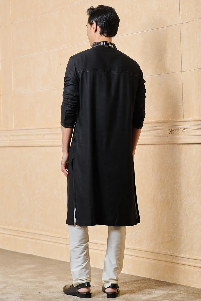 Black Linen Kurta Set With Embroidery Details