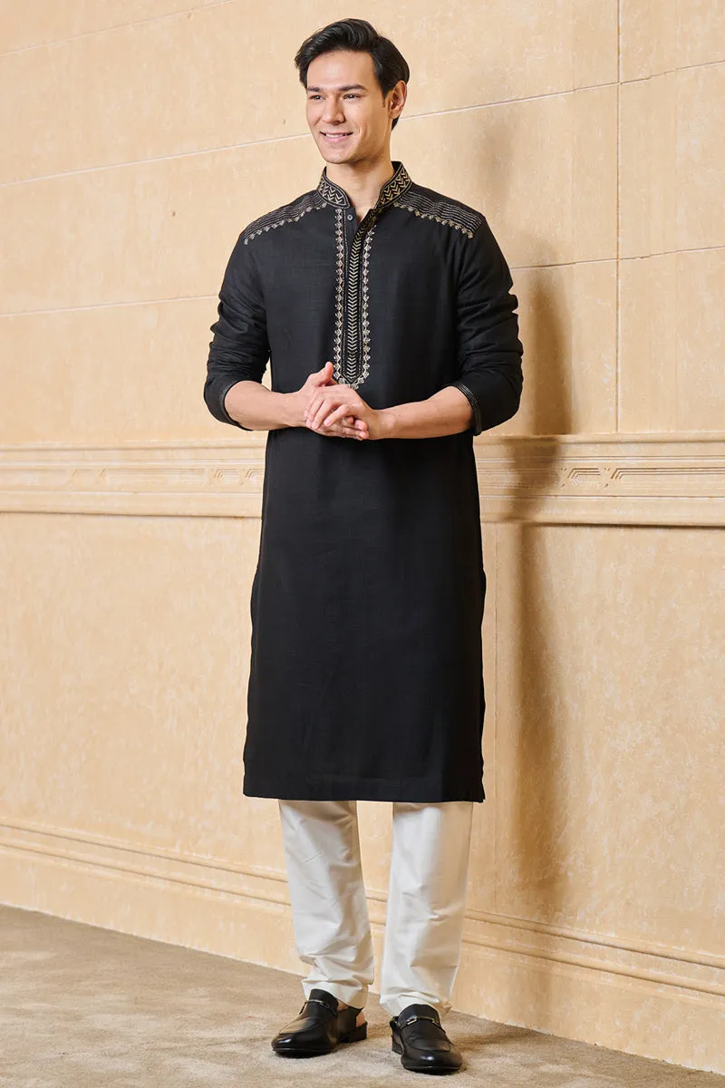 Black Linen Kurta Set With Embroidery Details