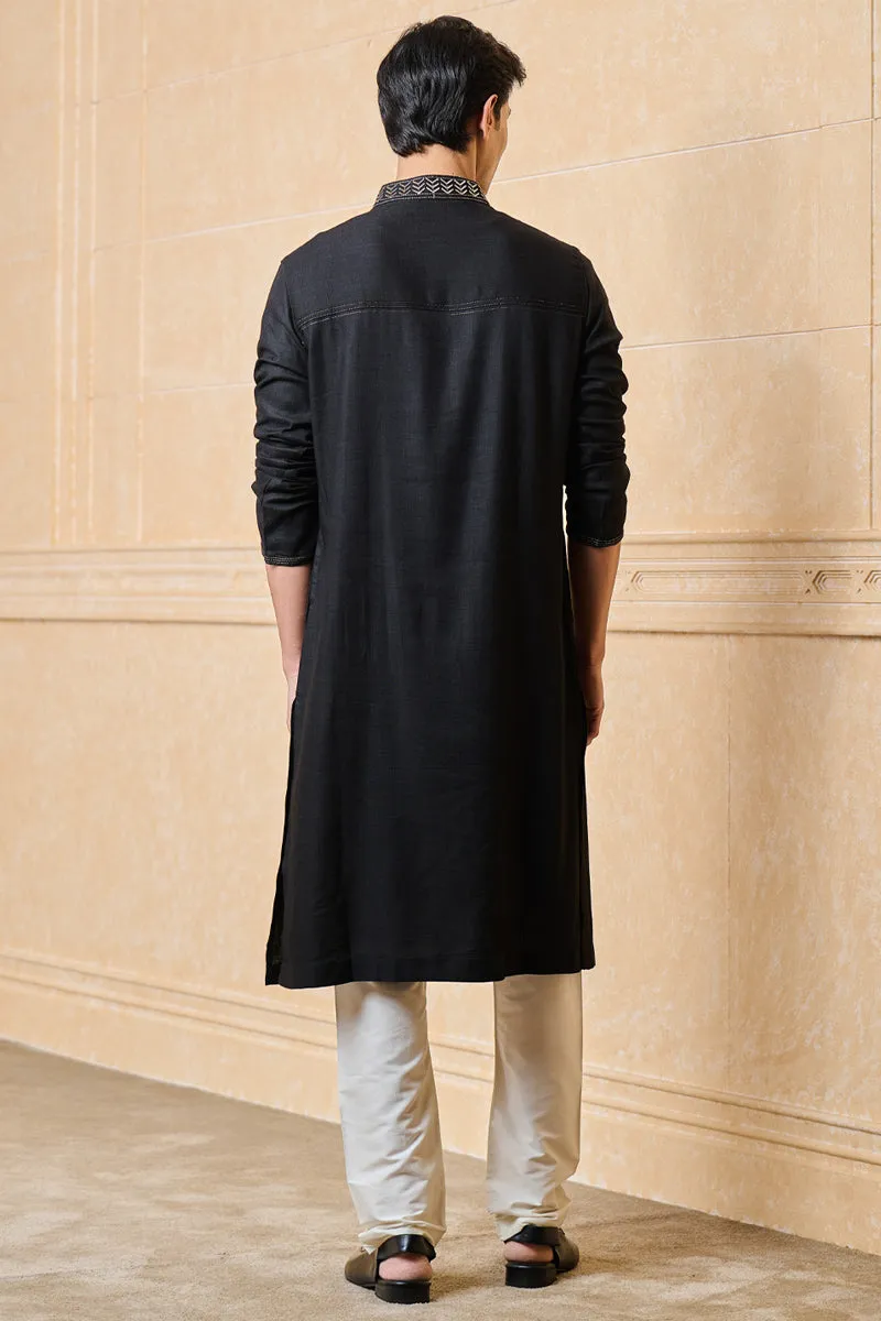 Black Linen Kurta Set With Embroidery Details