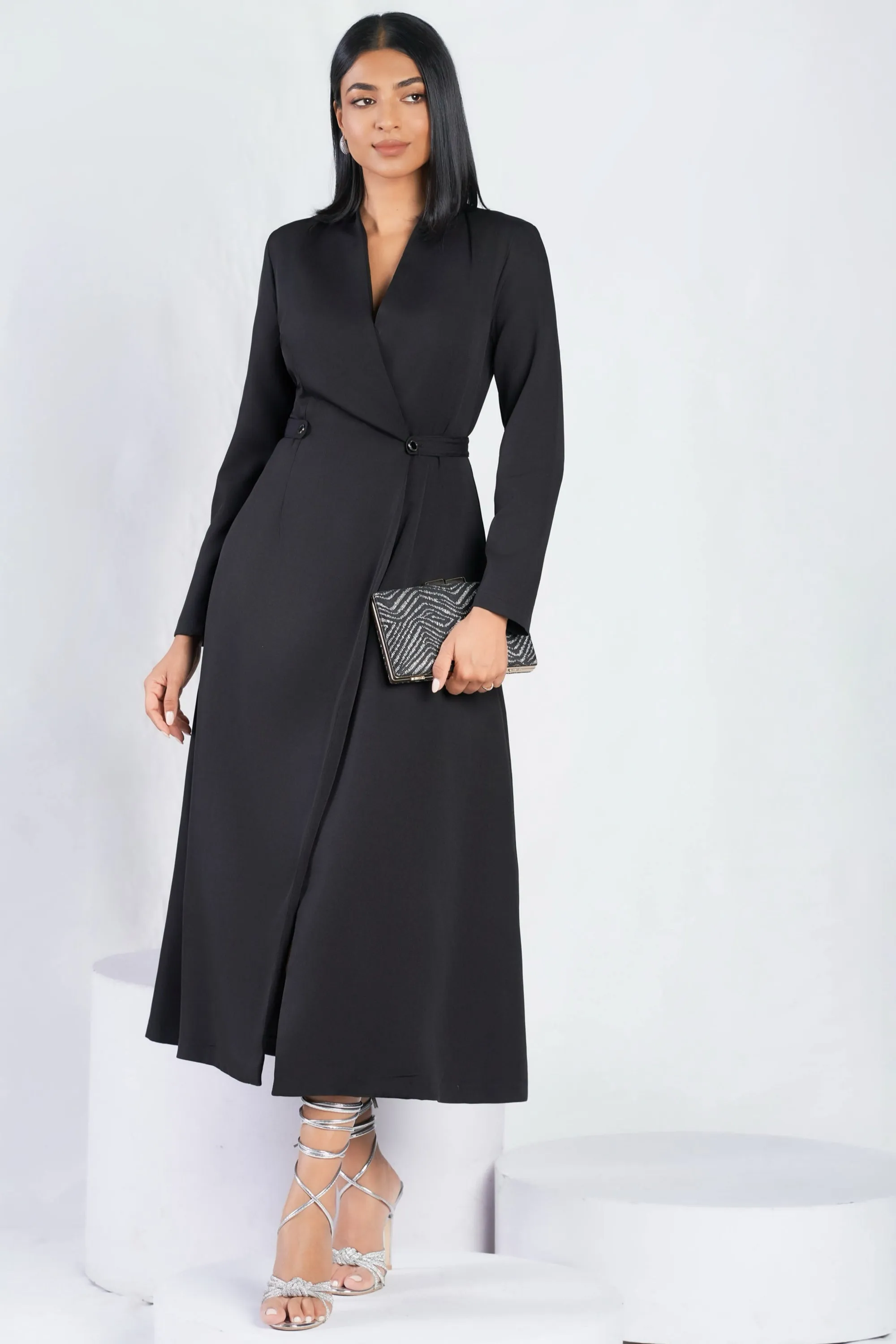 Black Wrap Style Midi Dress