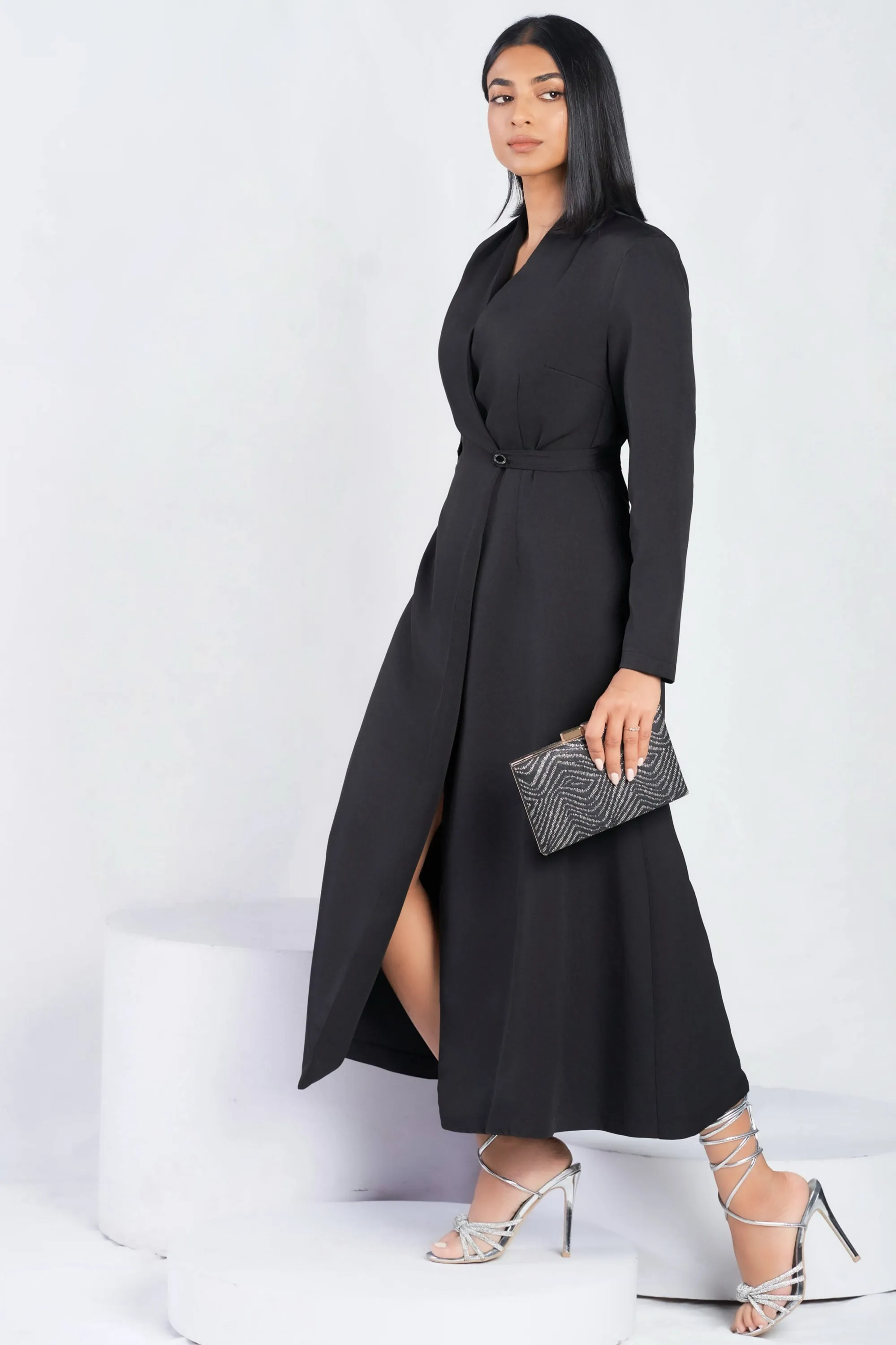 Black Wrap Style Midi Dress