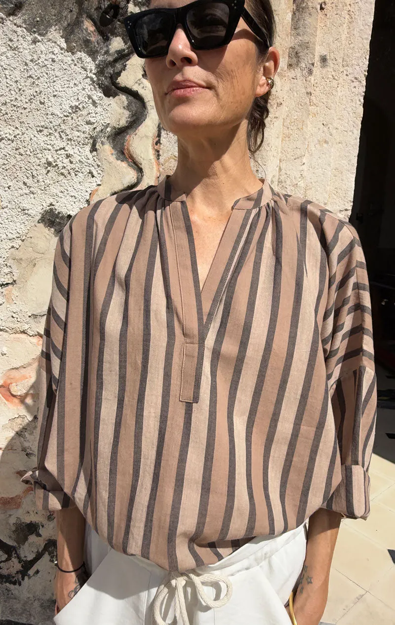 Caffe Stripe Rouched Shirt-Sold out