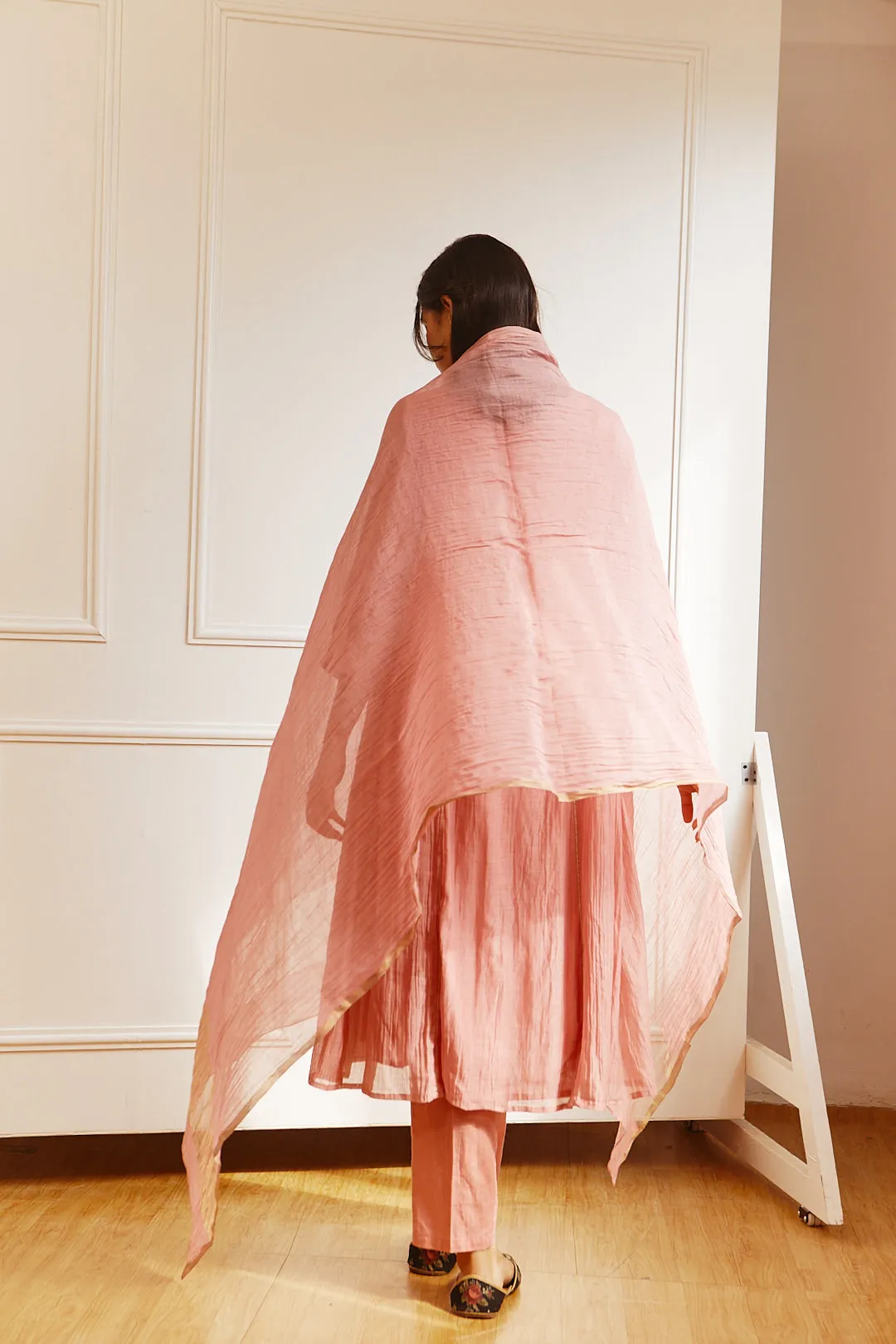 CHANDERI OLD ROSE COLOUSERD PINTUCK YOKE KURTA SET