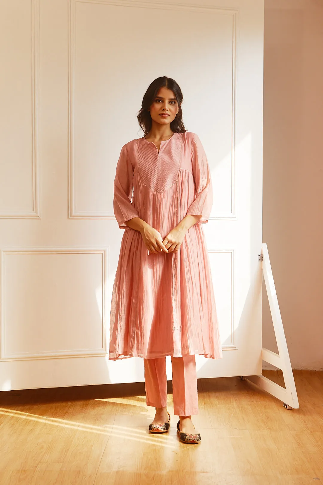 CHANDERI OLD ROSE COLOUSERD PINTUCK YOKE KURTA SET