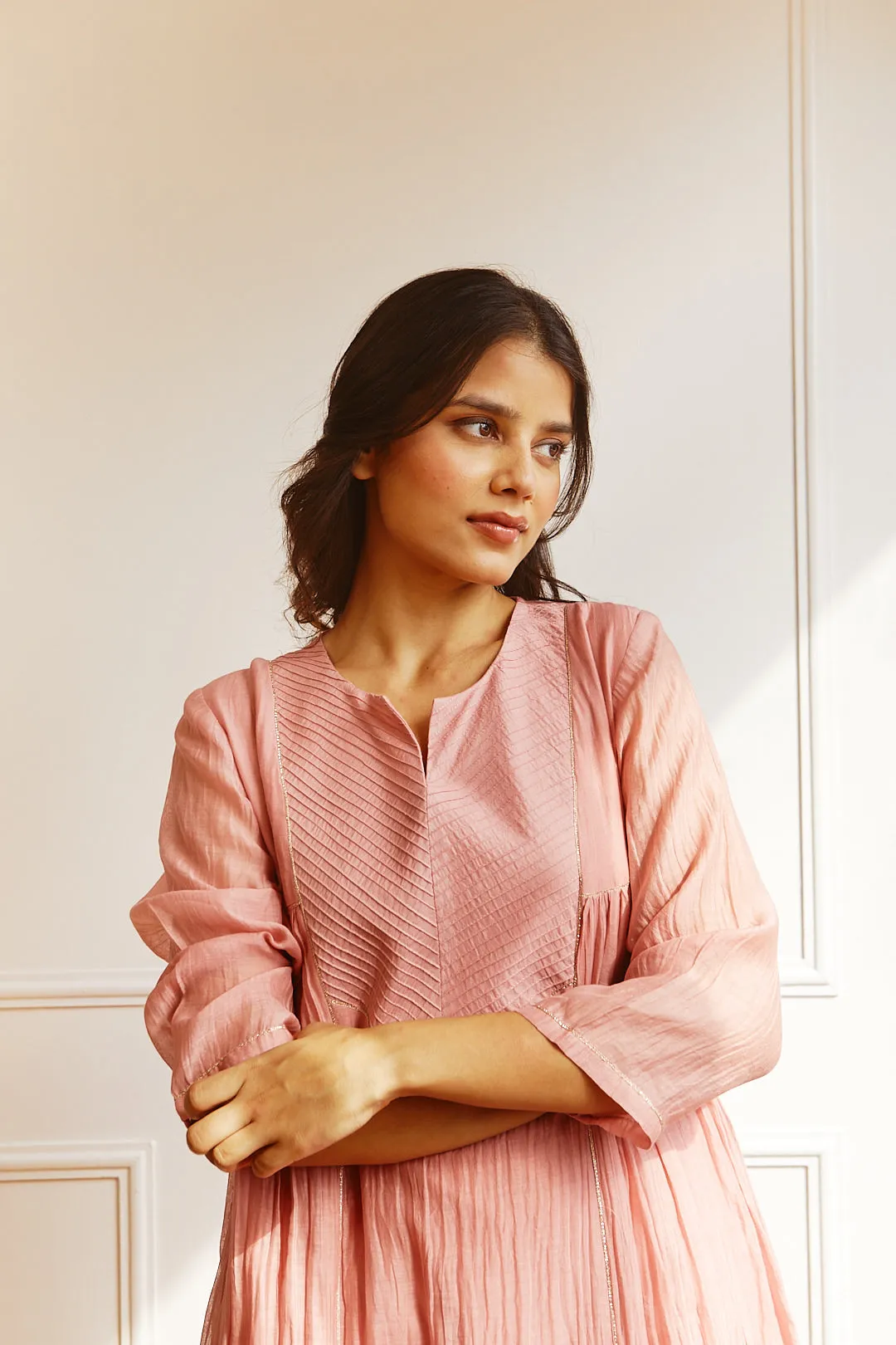 CHANDERI OLD ROSE COLOUSERD PINTUCK YOKE KURTA SET
