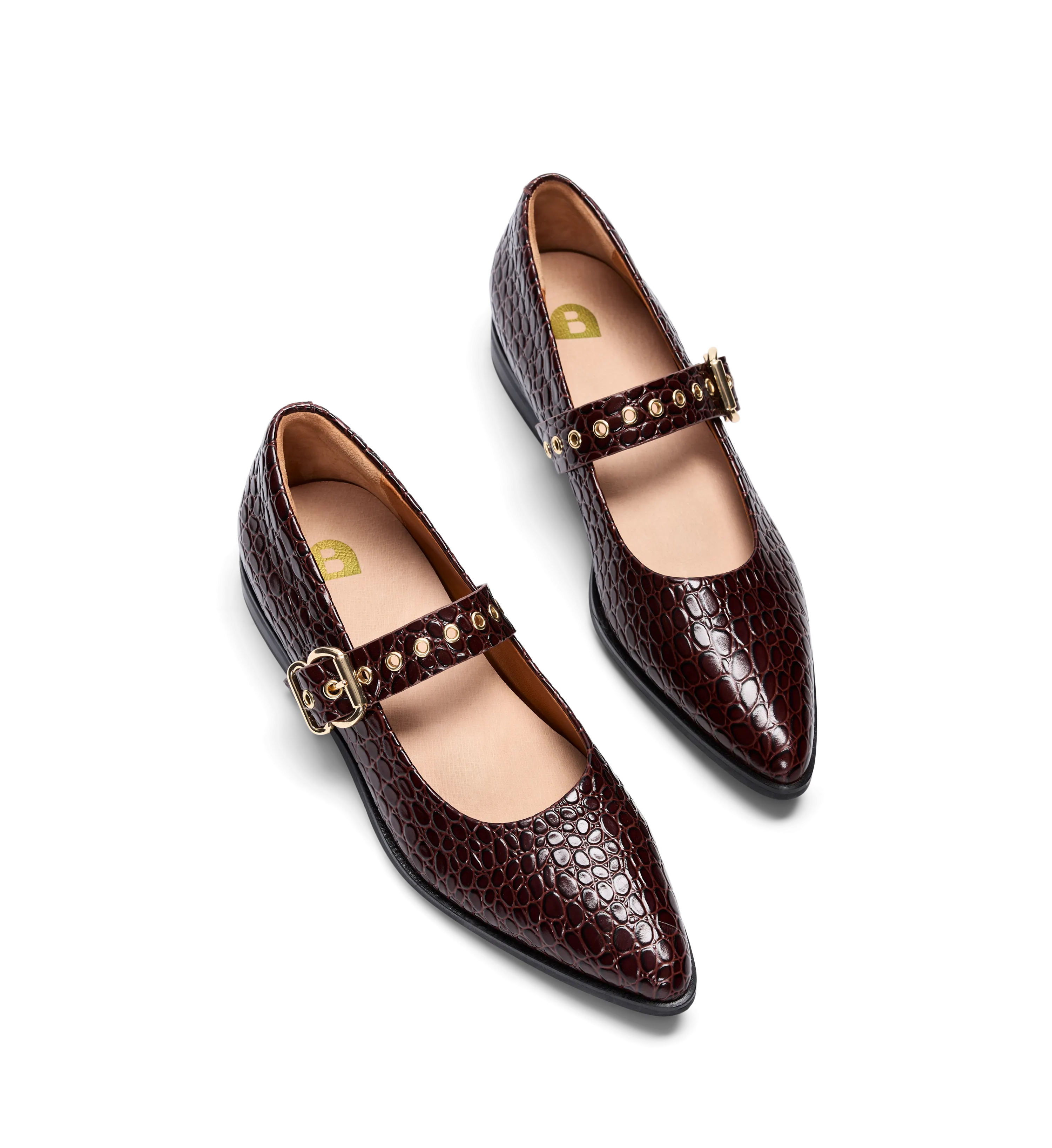 Dotterel Mahogany Brown Croc Emboss Leather Ballet Flats
