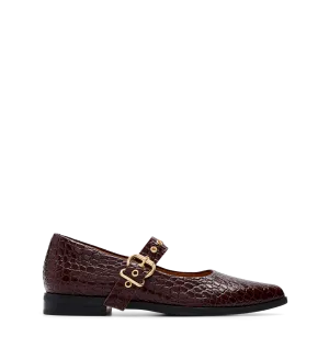 Dotterel Mahogany Brown Croc Emboss Leather Ballet Flats