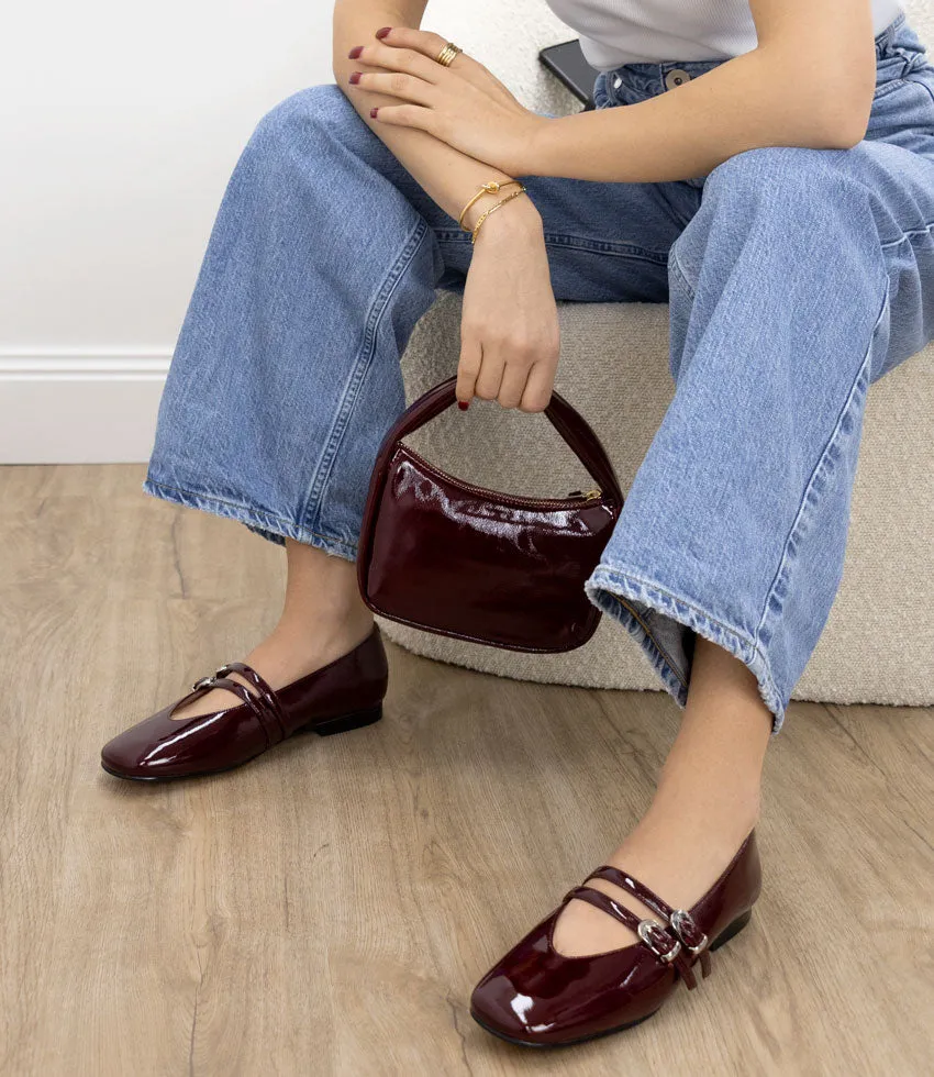 FILLY Double Buckle Ballet in Black Cherry Crinkle Pat