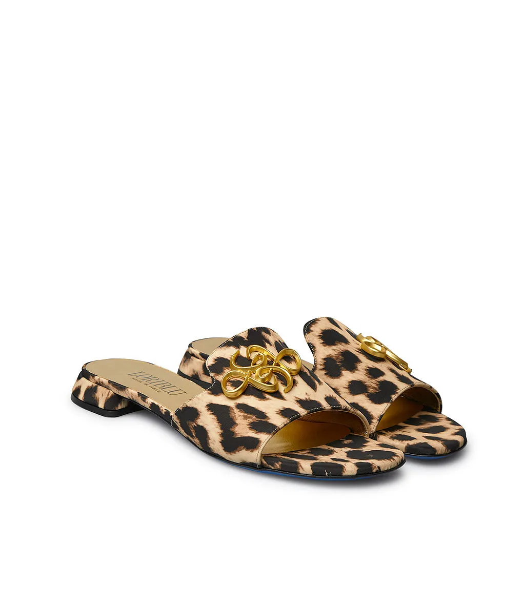  Gold metal logo embellished fabric leopard print mules