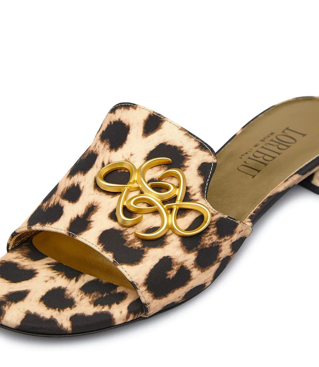  Gold metal logo embellished fabric leopard print mules
