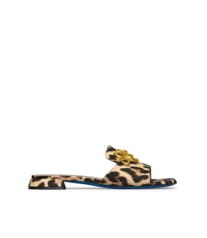  Gold metal logo embellished fabric leopard print mules