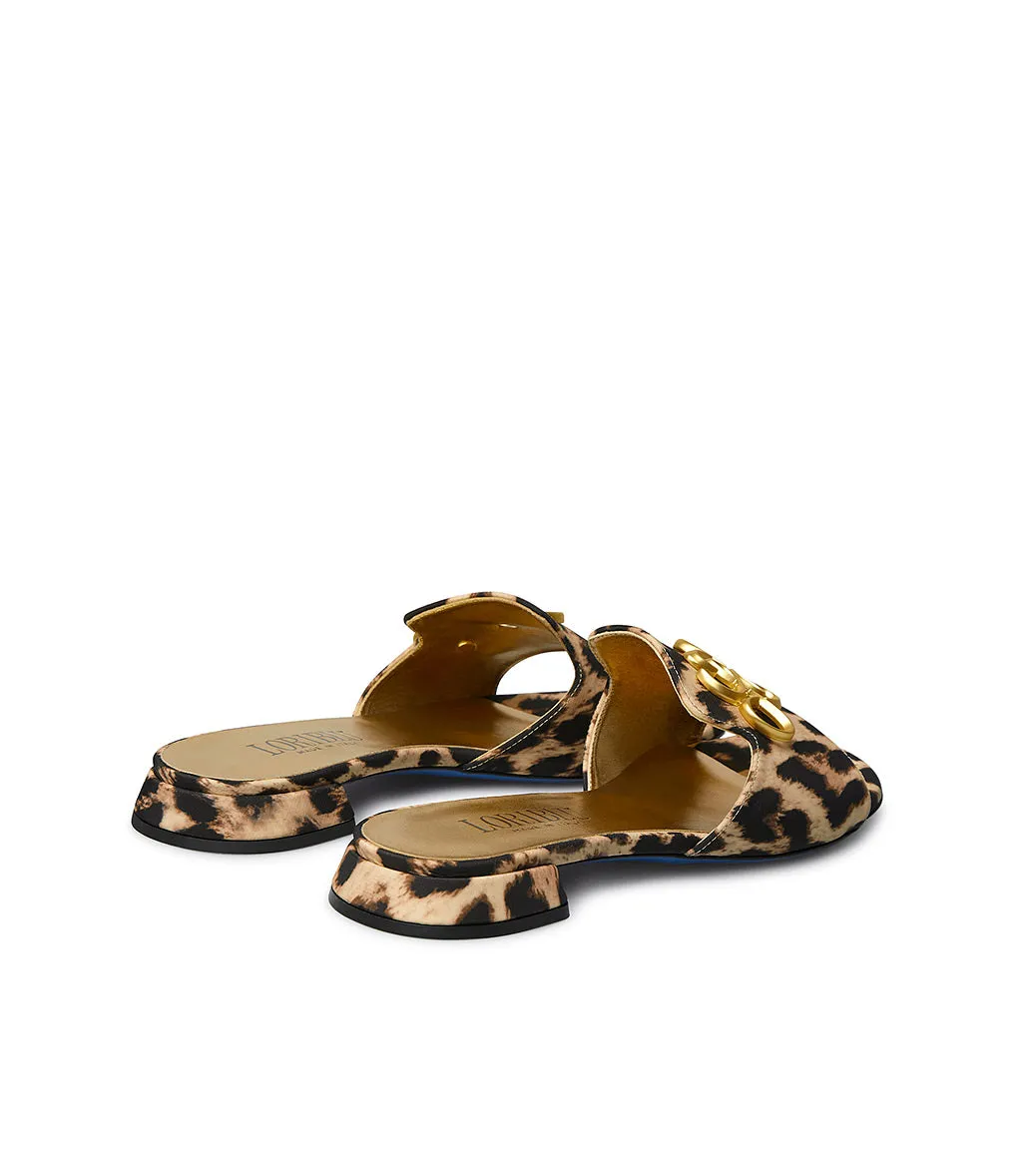  Gold metal logo embellished fabric leopard print mules