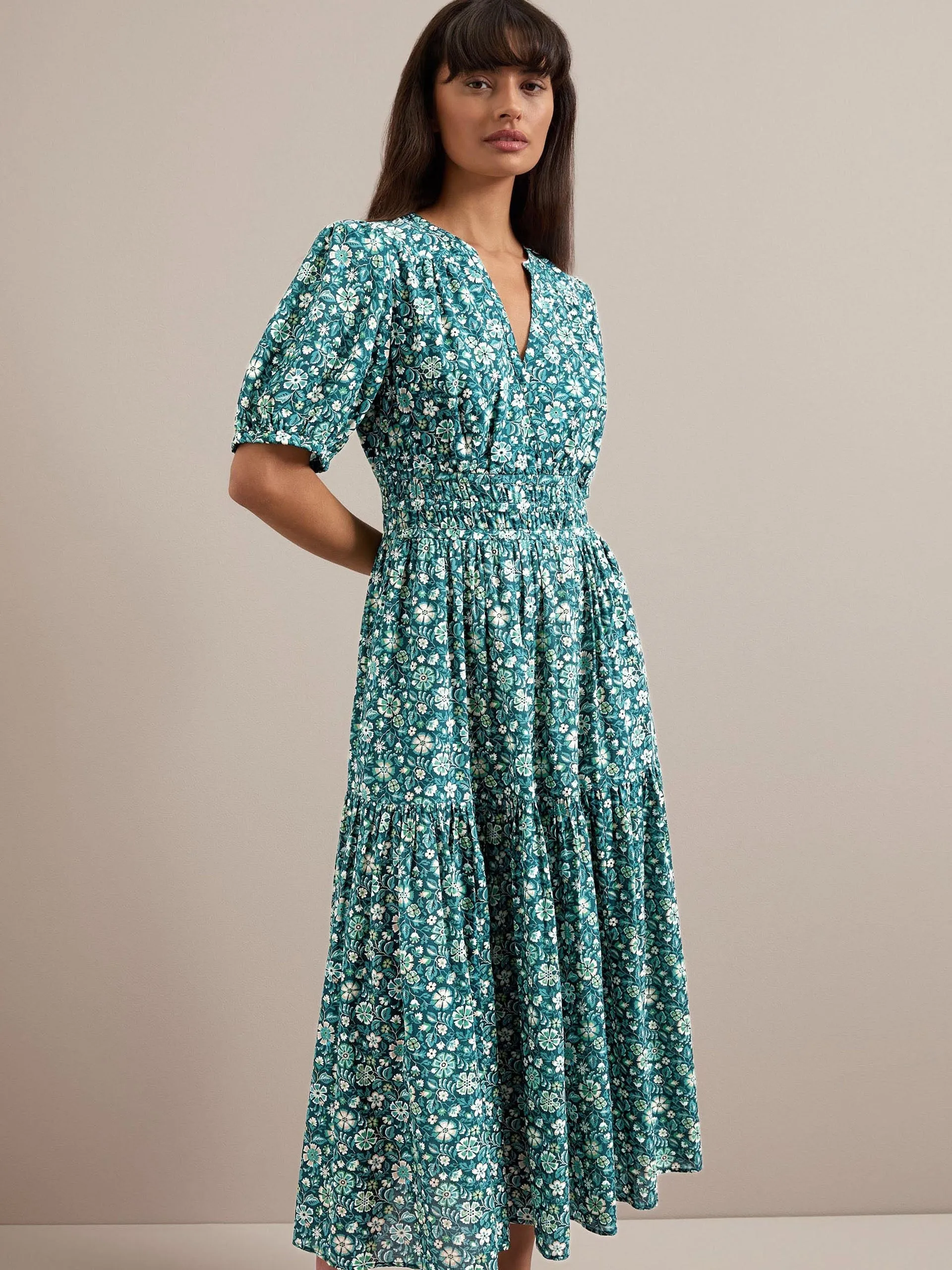 Green ditsy carnation print Olive cotton blend midi dress