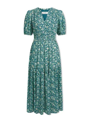 Green ditsy carnation print Olive cotton blend midi dress