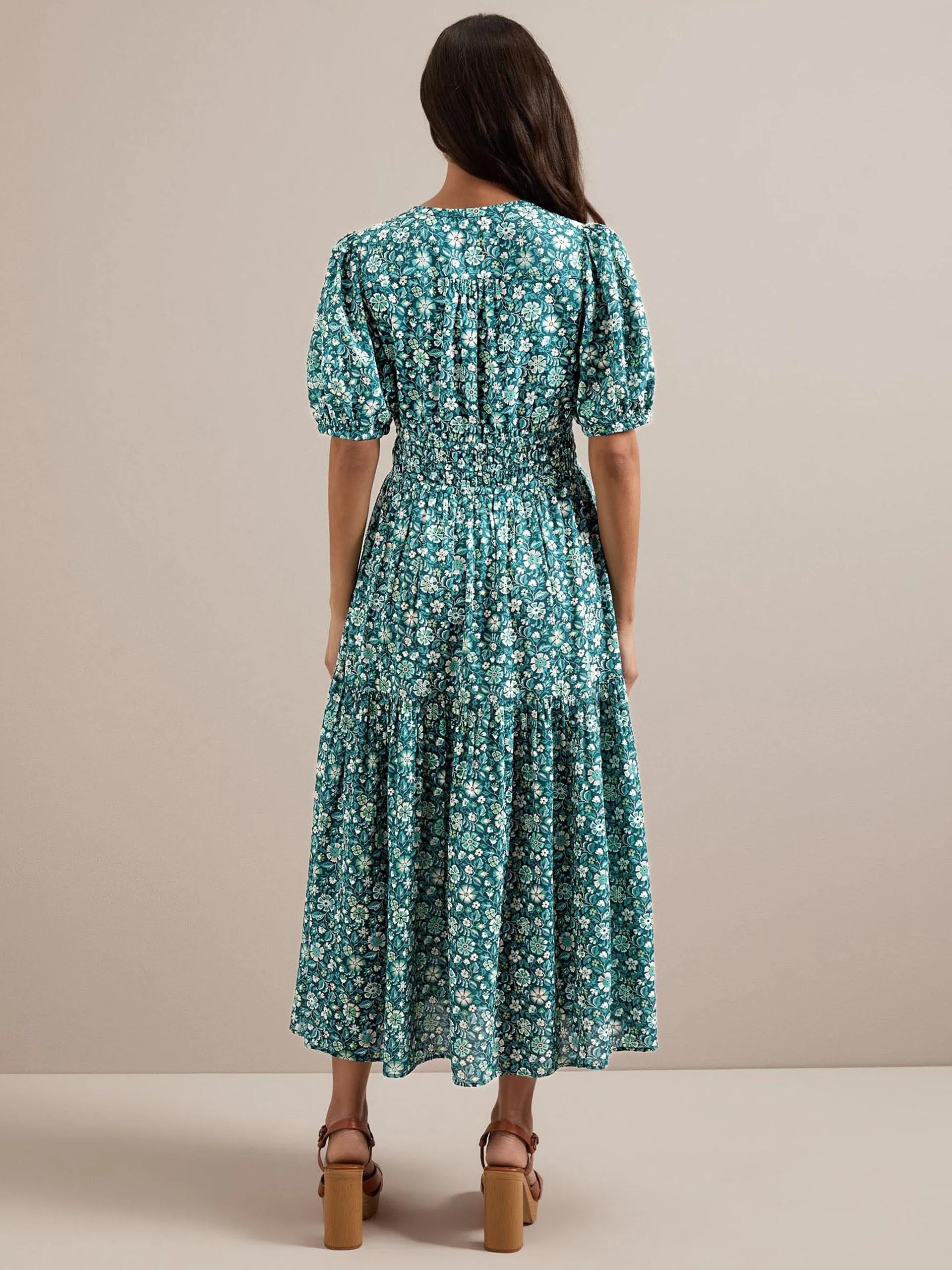 Green ditsy carnation print Olive cotton blend midi dress