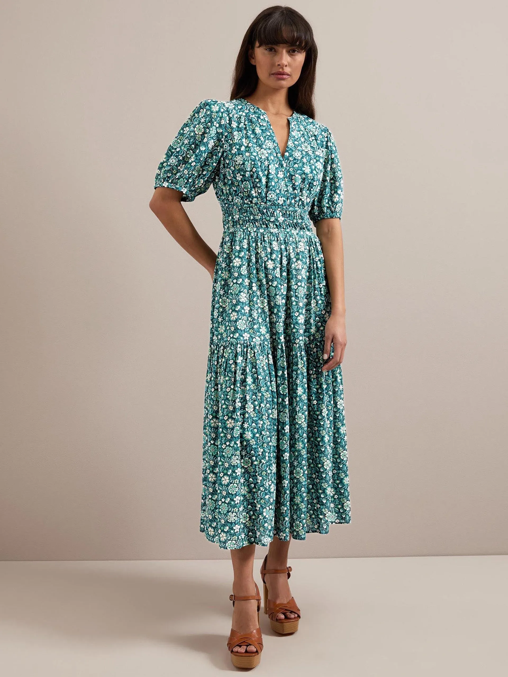 Green ditsy carnation print Olive cotton blend midi dress