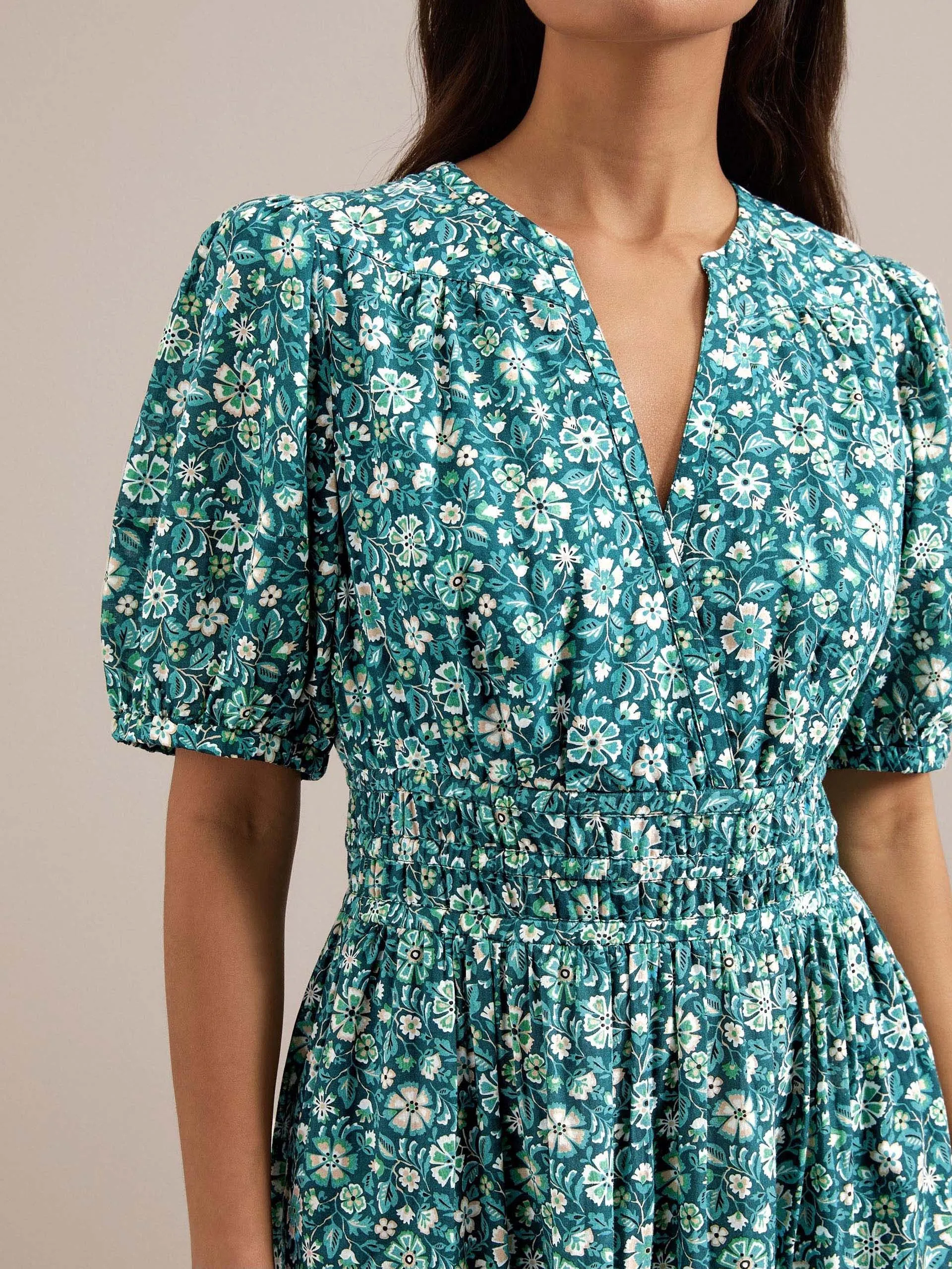 Green ditsy carnation print Olive cotton blend midi dress
