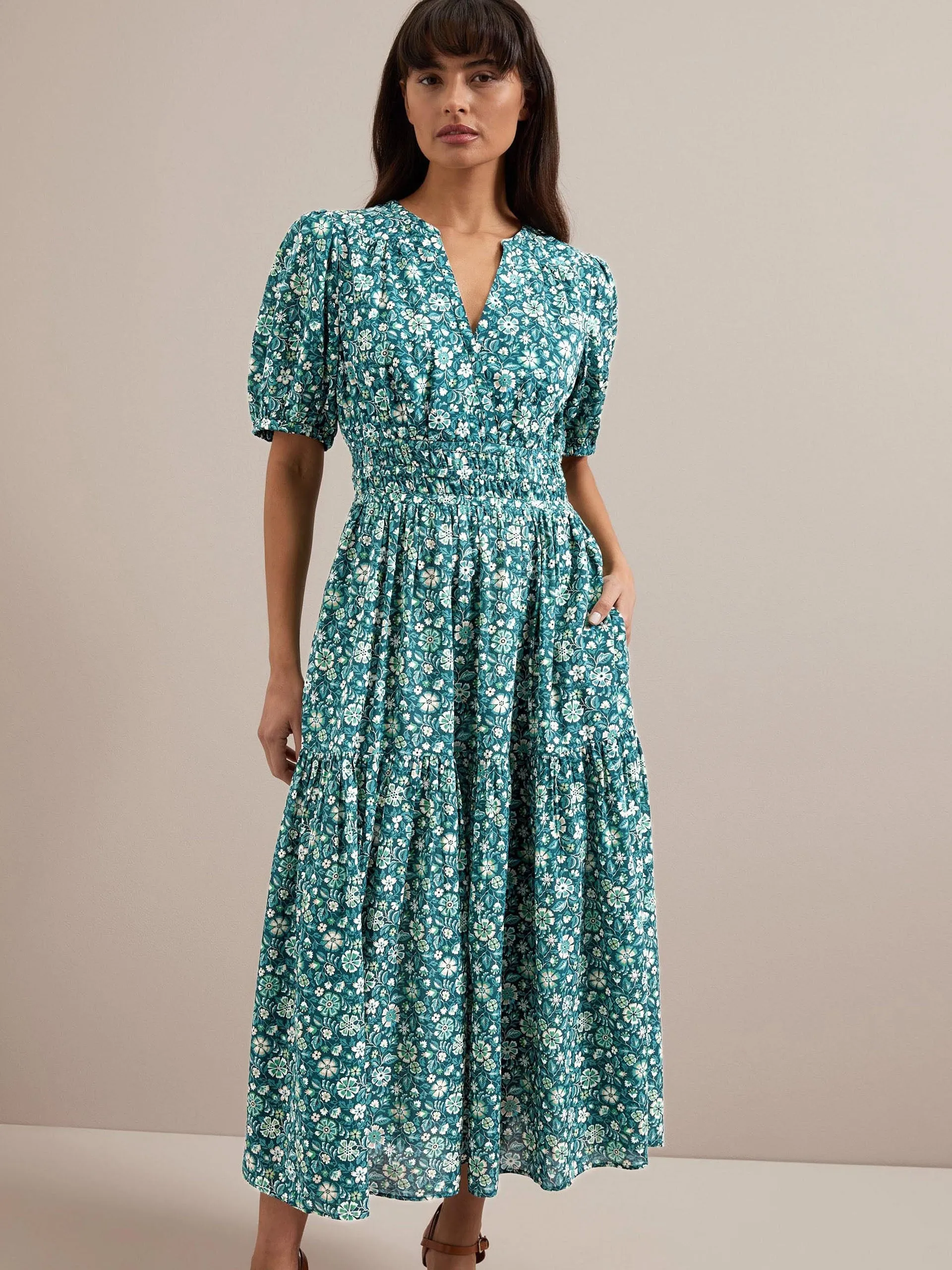 Green ditsy carnation print Olive cotton blend midi dress