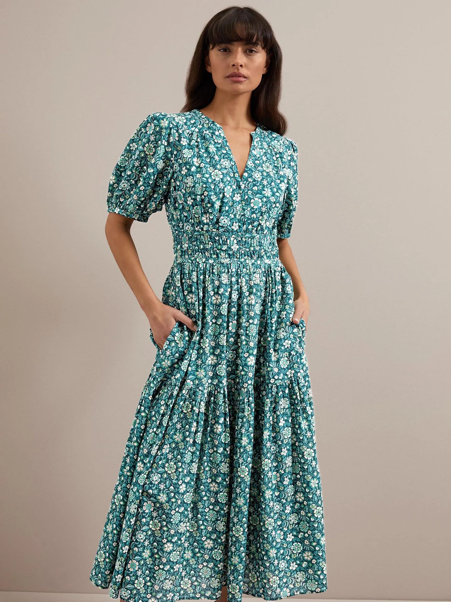Green ditsy carnation print Olive cotton blend midi dress