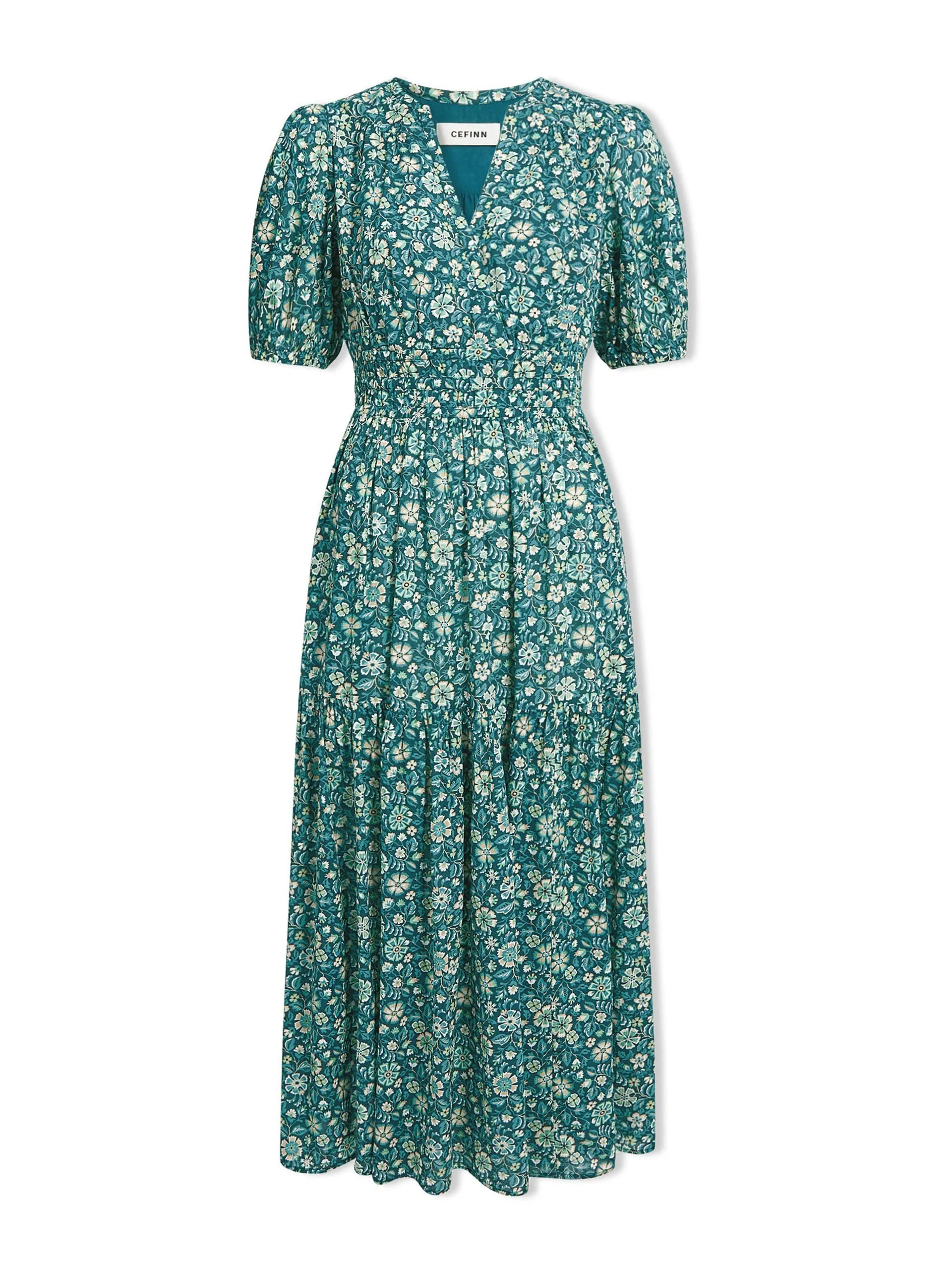 Green ditsy carnation print Olive cotton blend midi dress