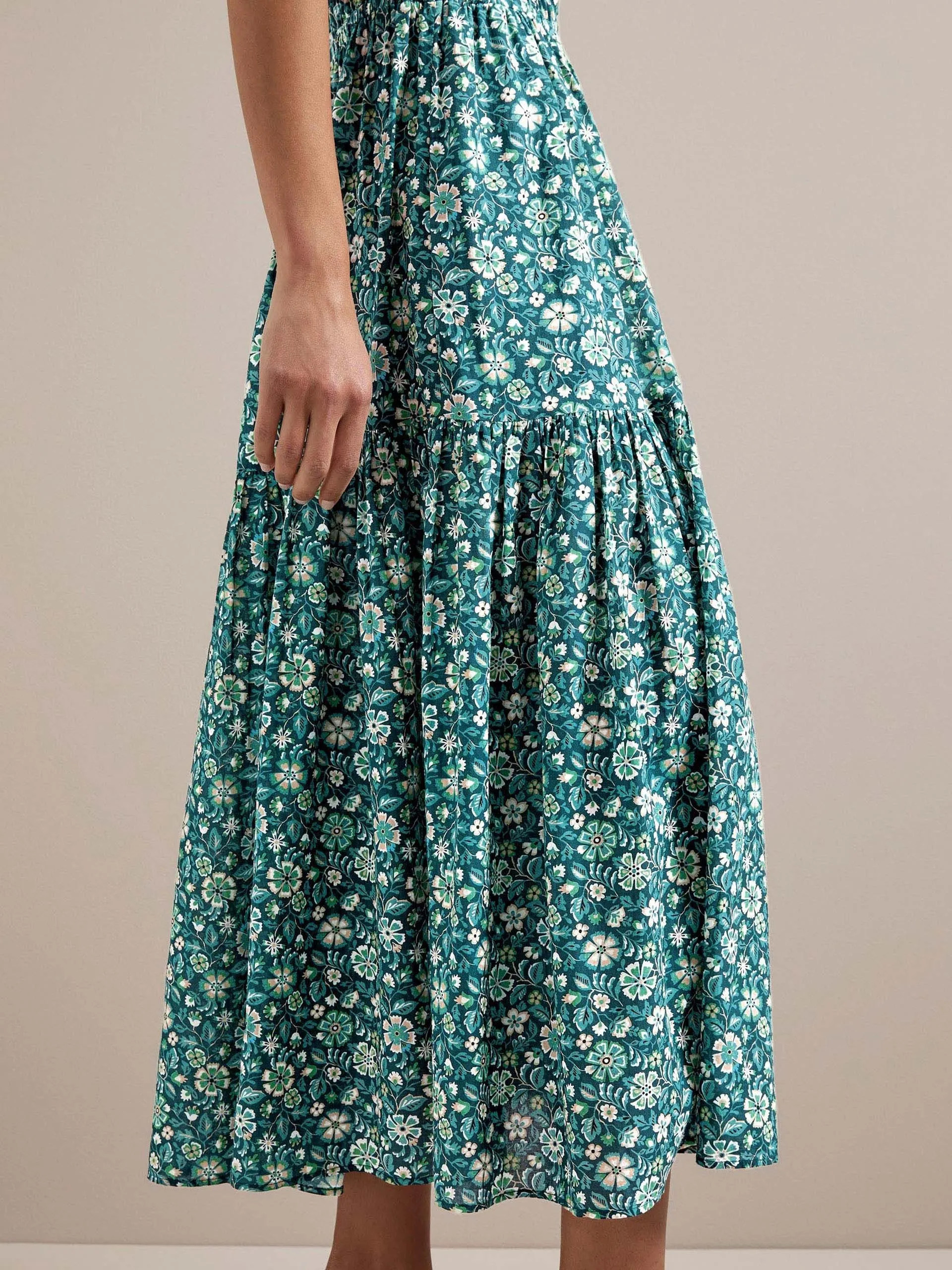 Green ditsy carnation print Olive cotton blend midi dress