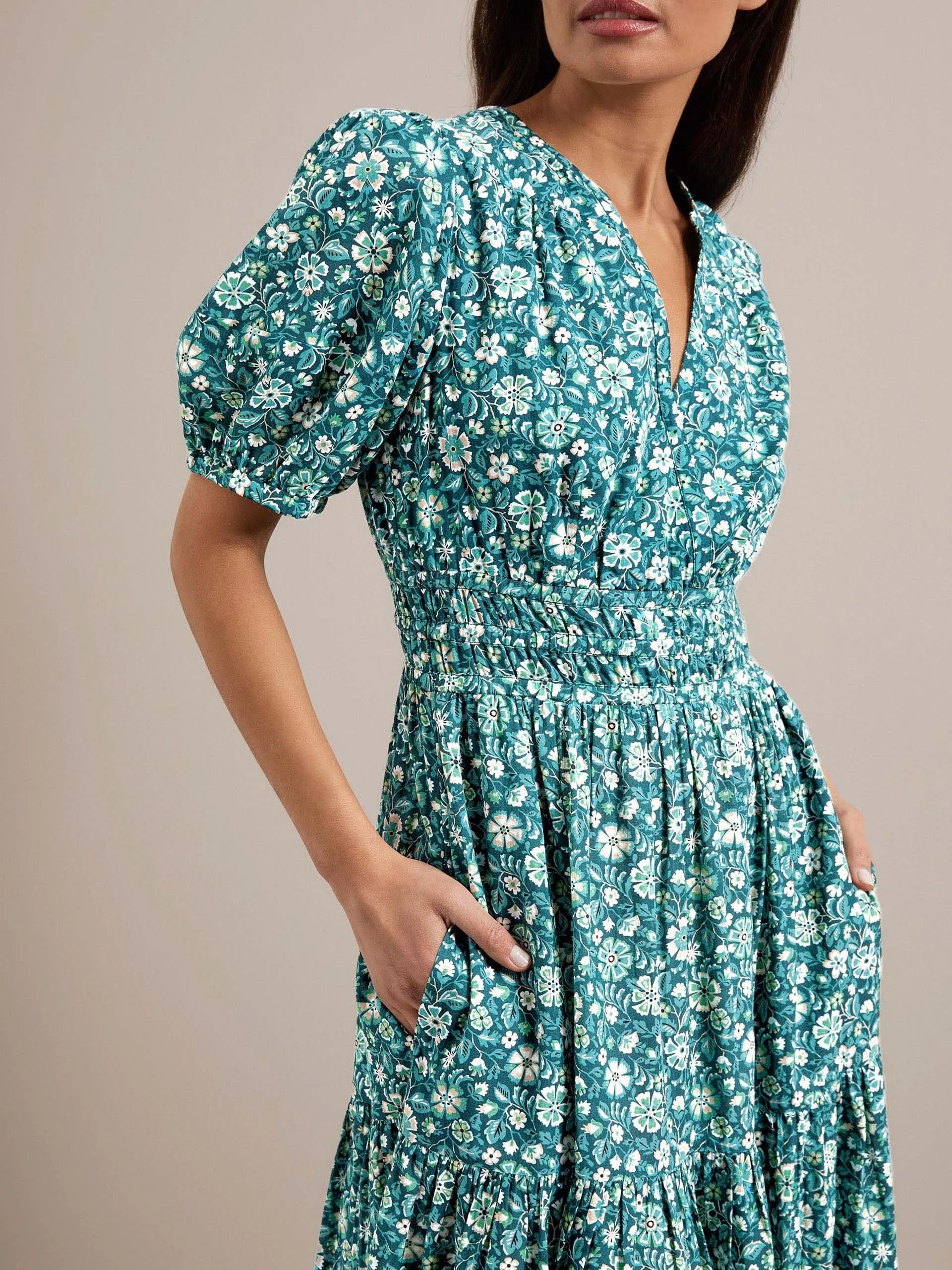 Green ditsy carnation print Olive cotton blend midi dress