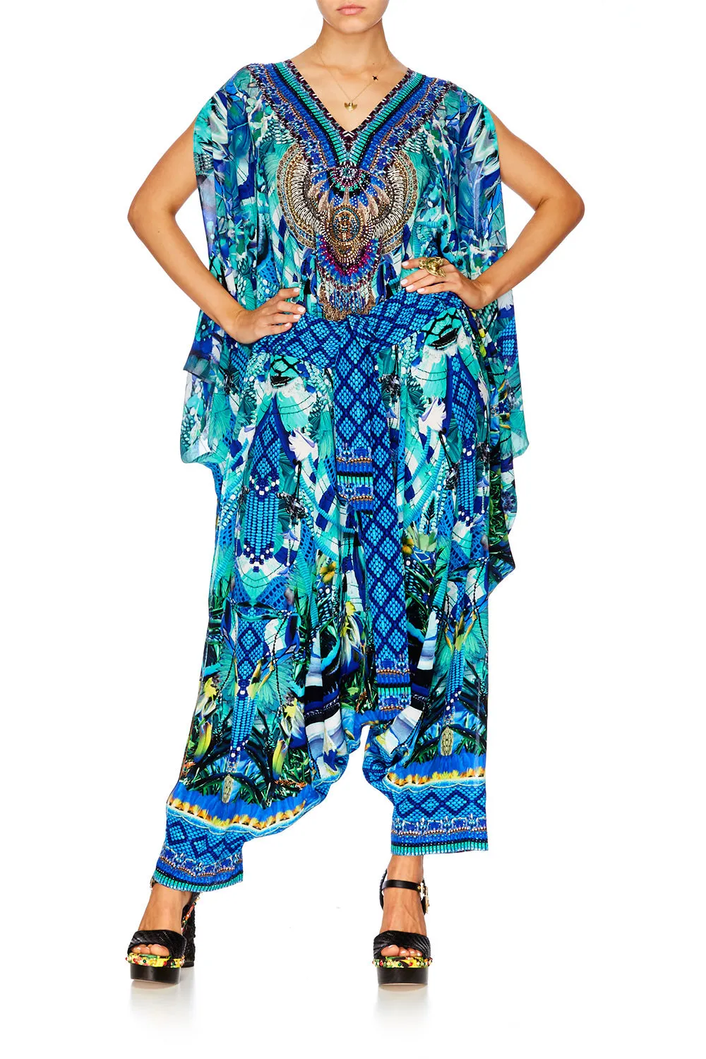 HAREM PANTS WITH SIDE SPLIT AMAZON AZURE