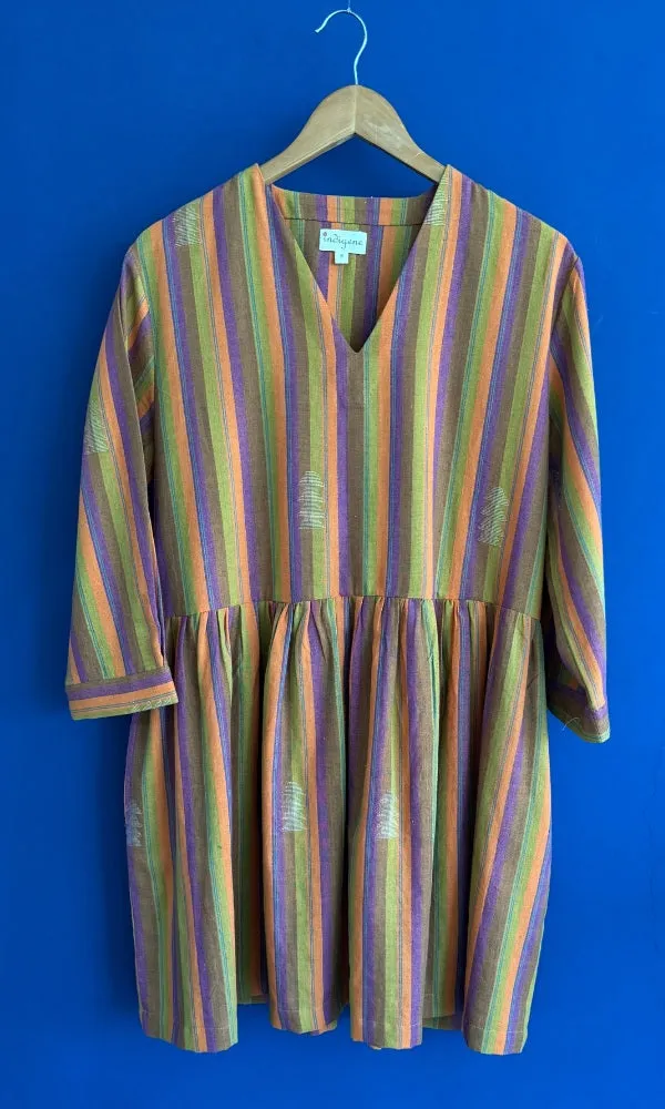 Izel Hand woven stripe jamdani gathered waist summer dress
