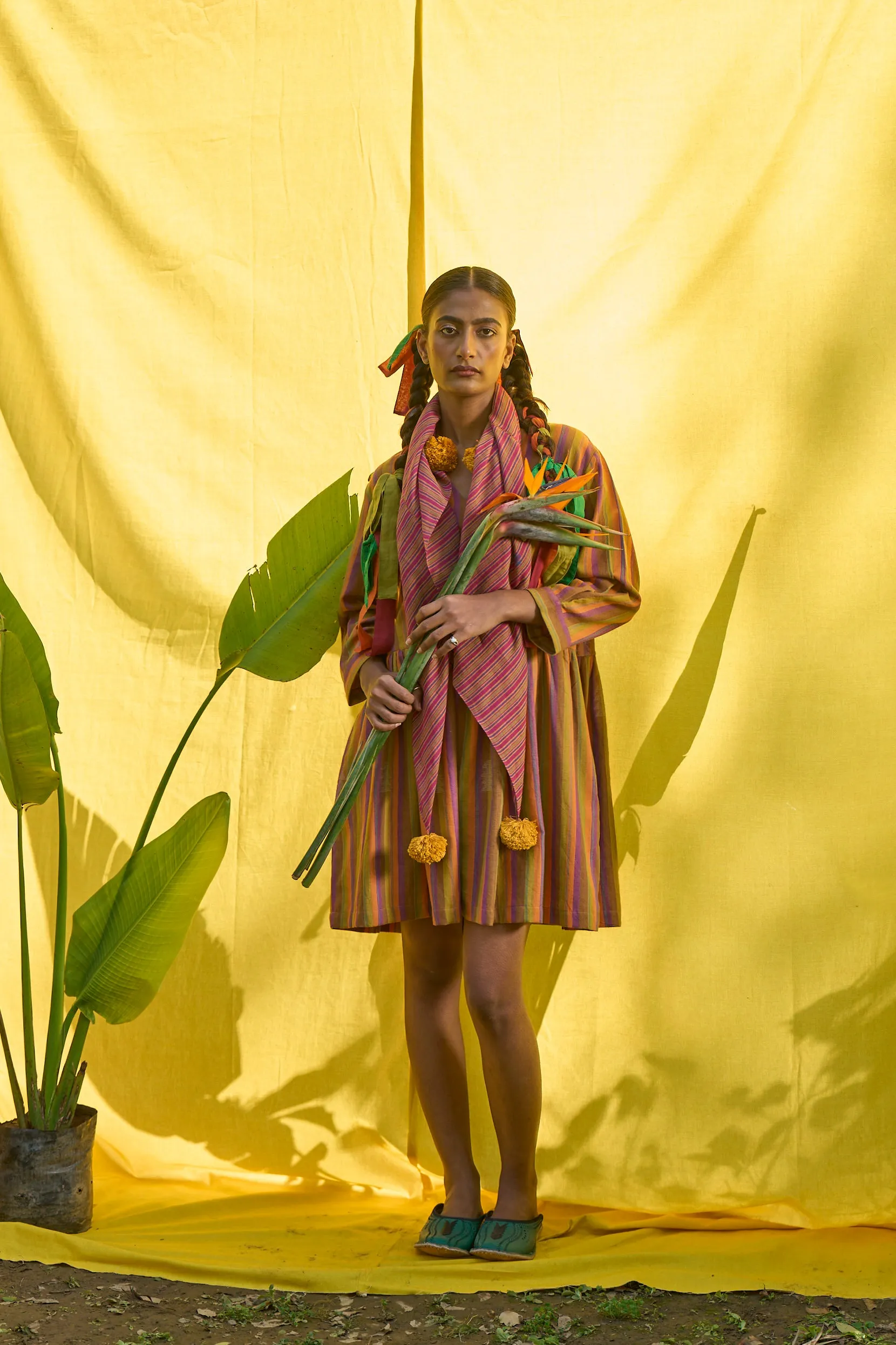 Izel Hand woven stripe jamdani gathered waist summer dress