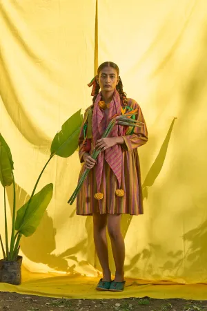 Izel Hand woven stripe jamdani gathered waist summer dress