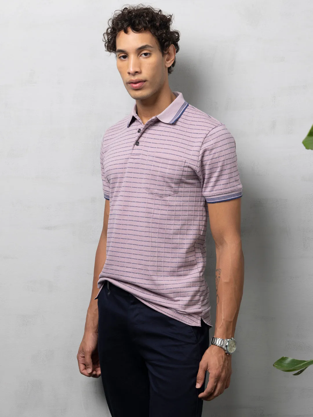 Lavender Textured Striped Polo T-Shirt