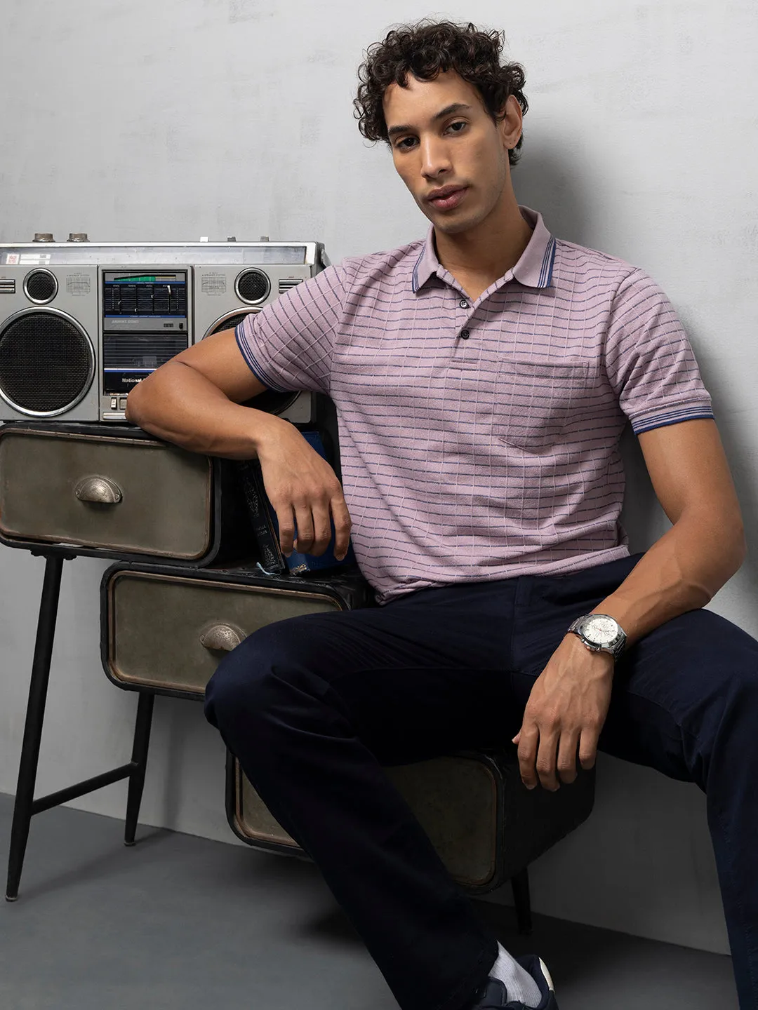Lavender Textured Striped Polo T-Shirt
