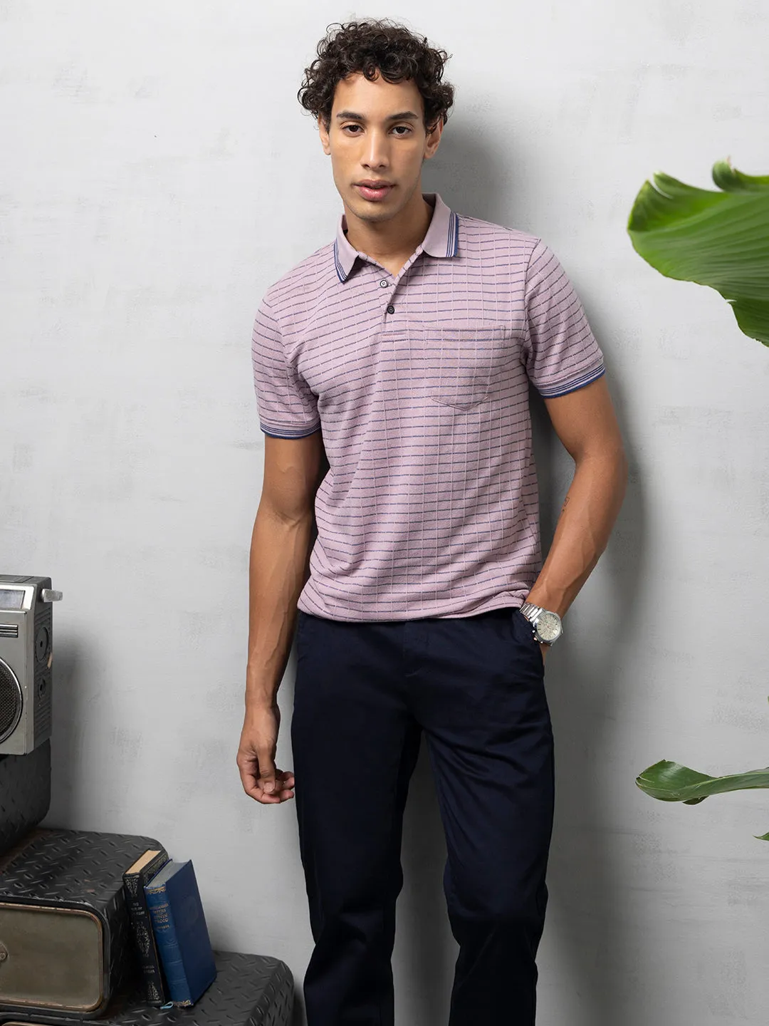 Lavender Textured Striped Polo T-Shirt