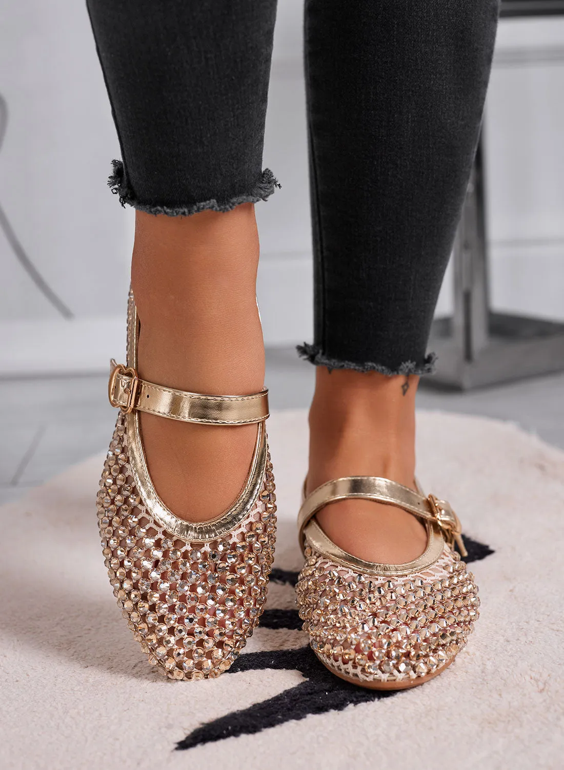 LAVINIA - Gold Ballerina Flats with Rhinestones and Adjustable Strap