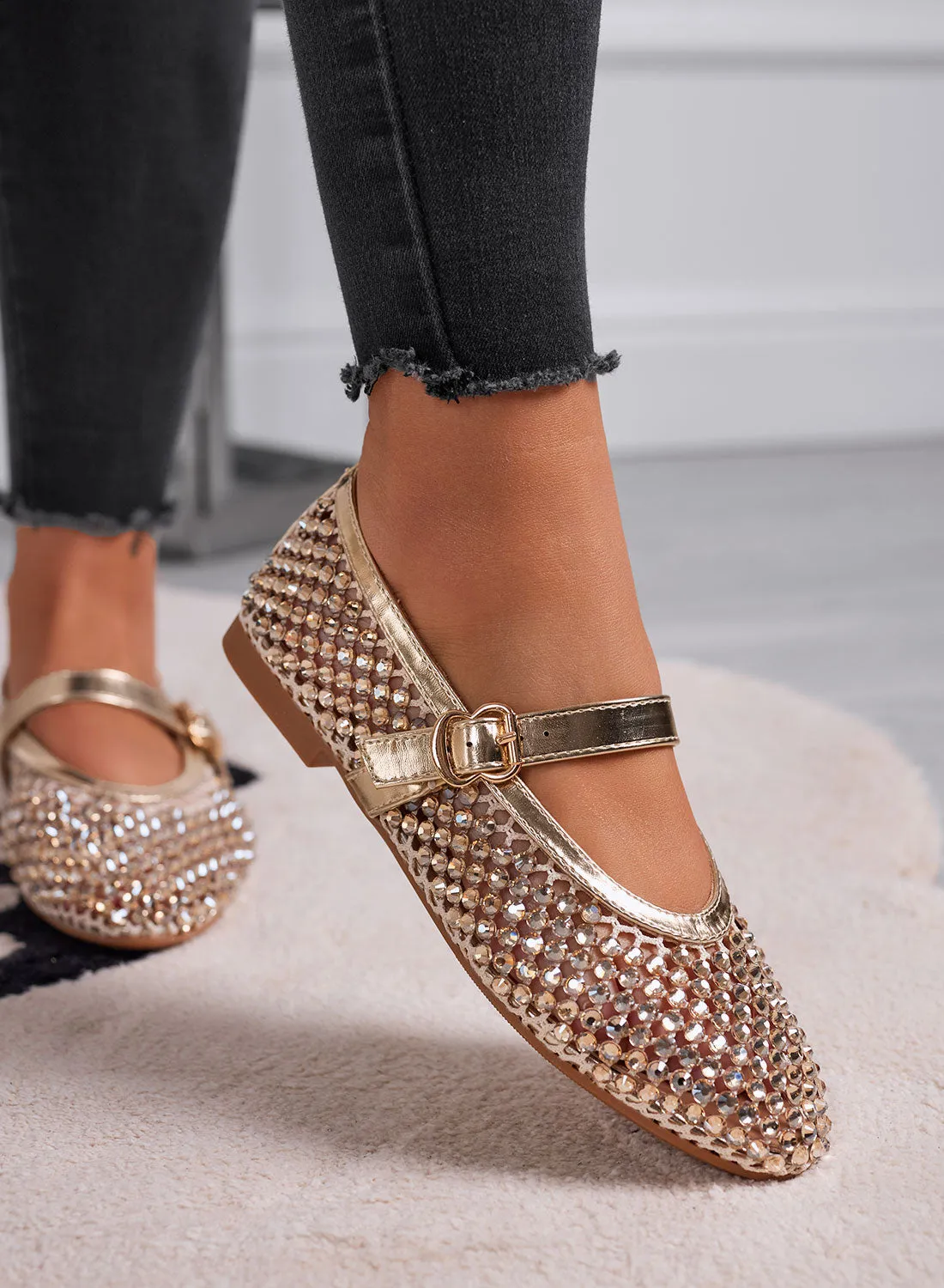 LAVINIA - Gold Ballerina Flats with Rhinestones and Adjustable Strap