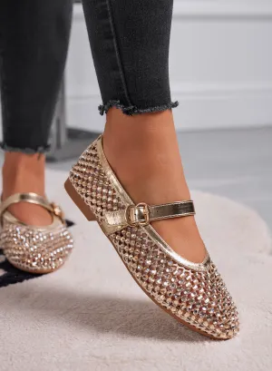 LAVINIA - Gold Ballerina Flats with Rhinestones and Adjustable Strap