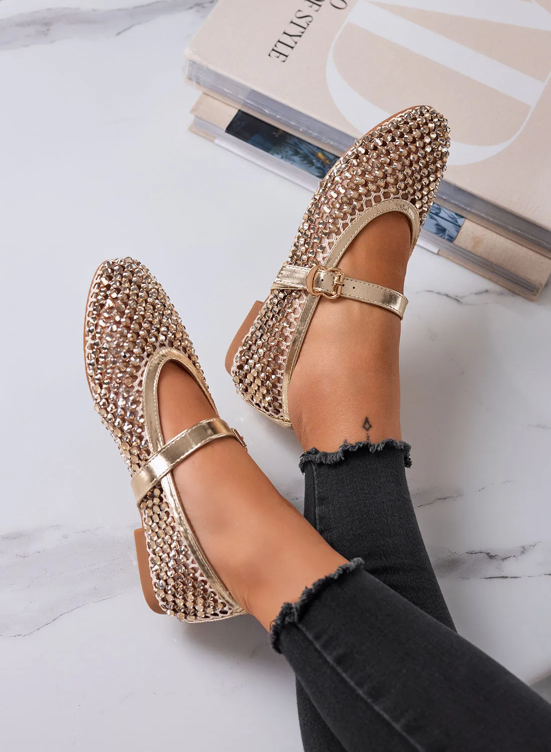 LAVINIA - Gold Ballerina Flats with Rhinestones and Adjustable Strap