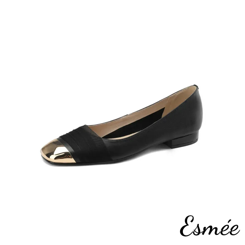 Leather Flats with Gauze Design and Golden Toe Cap
