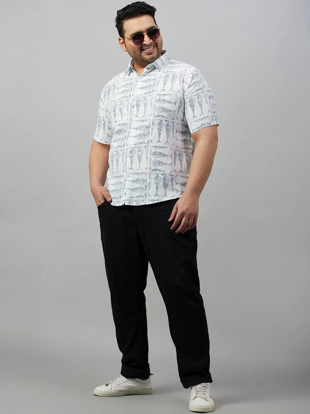 Men White Premium Conversational Printed Cotton Casual Shirt