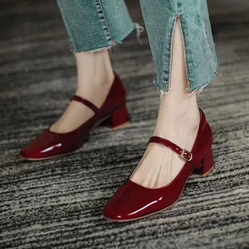 New Soft Square Toe Solid Color Buckle Strap Patent Leather Shoes