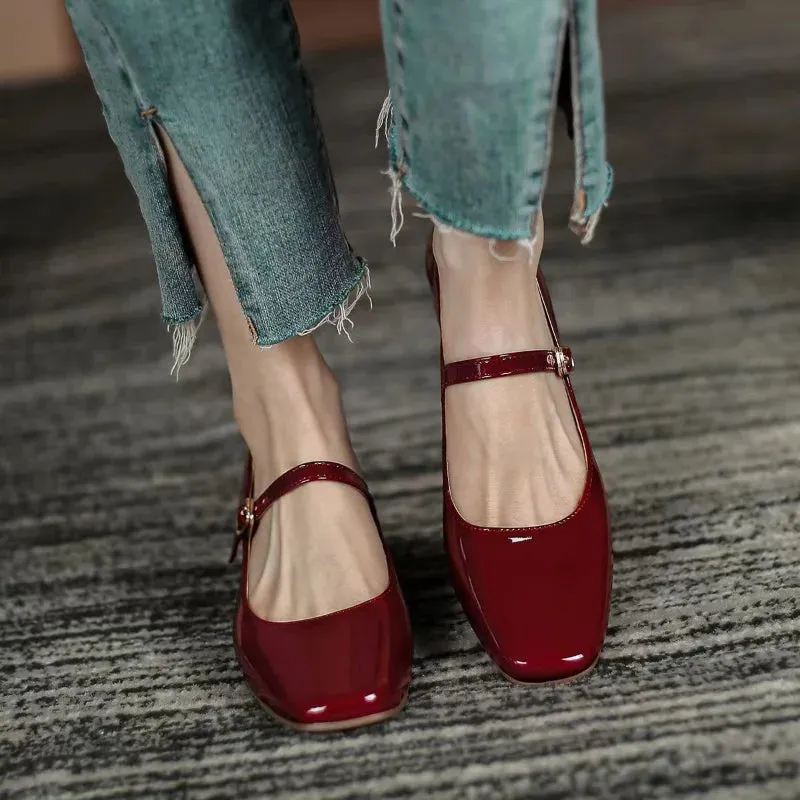 New Soft Square Toe Solid Color Buckle Strap Patent Leather Shoes