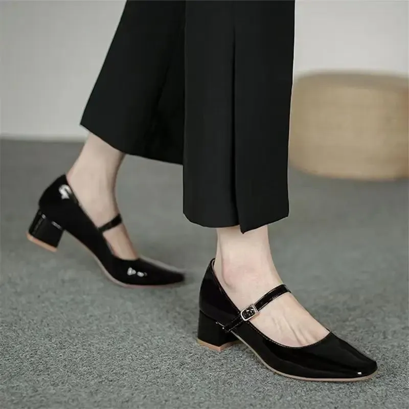 New Soft Square Toe Solid Color Buckle Strap Patent Leather Shoes