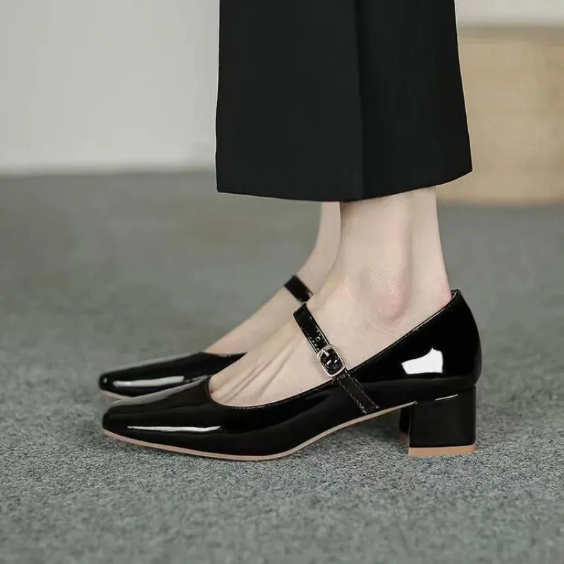 New Soft Square Toe Solid Color Buckle Strap Patent Leather Shoes