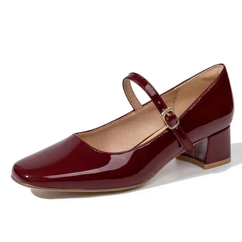 New Soft Square Toe Solid Color Buckle Strap Patent Leather Shoes