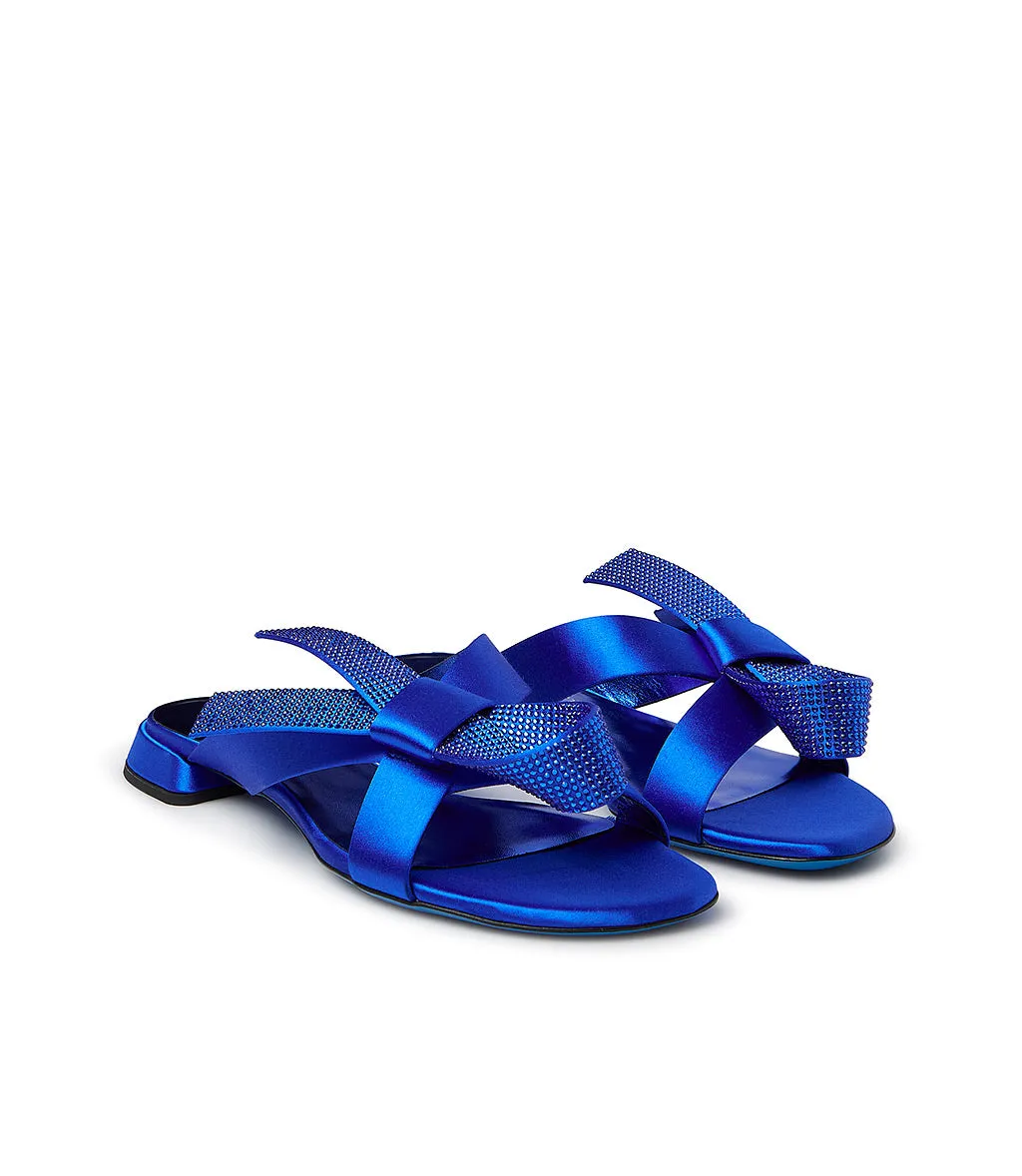 Rhinestoned bluette satin mules
