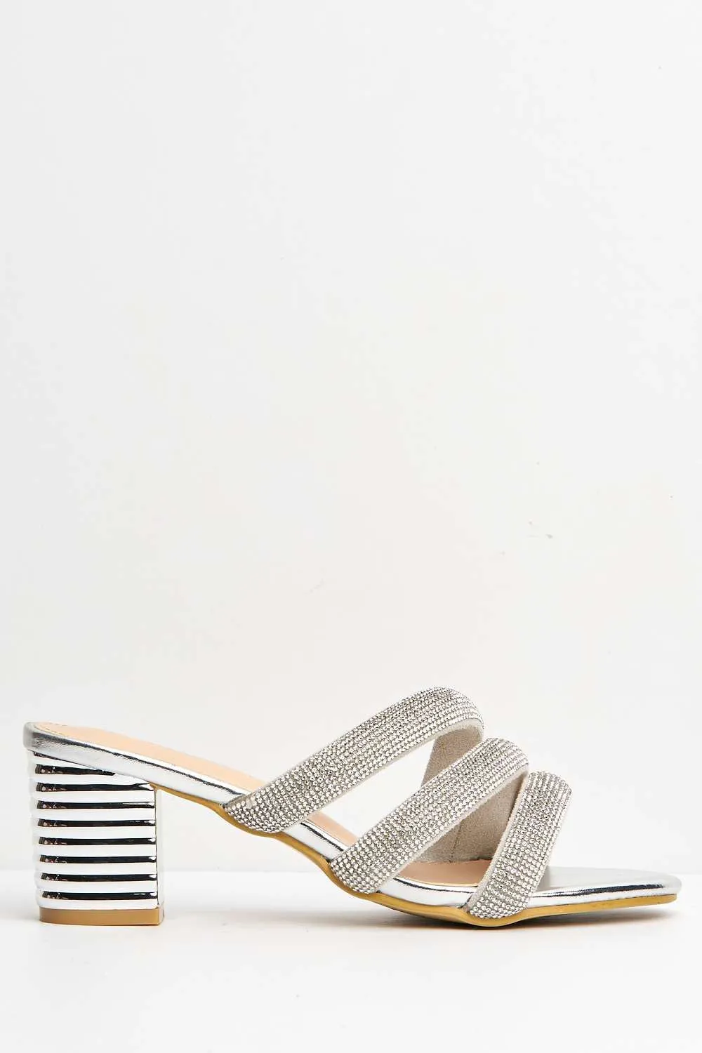 Sheila Strappy Diamante Band Heeled Mules in Silver