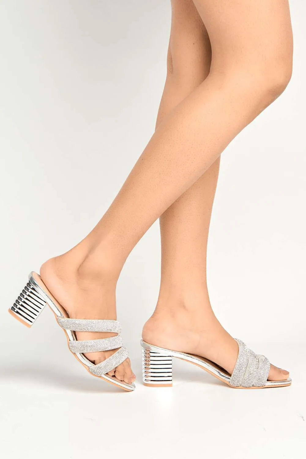 Sheila Strappy Diamante Band Heeled Mules in Silver